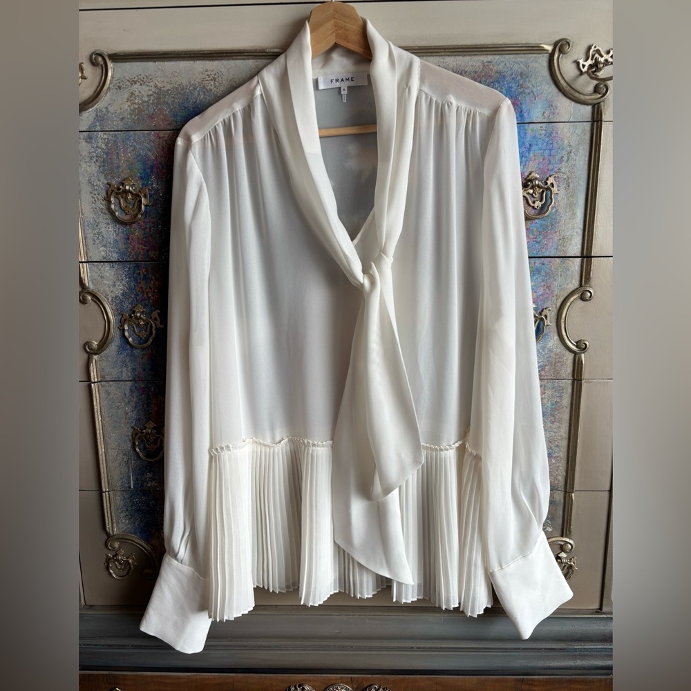 Frame Denim Women's White Blouse with Scarf Detail
